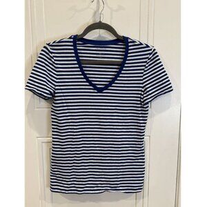 Lord & Taylor Blue & White Striped V-Neck Tee EUC Cotton Blend Spring Summer